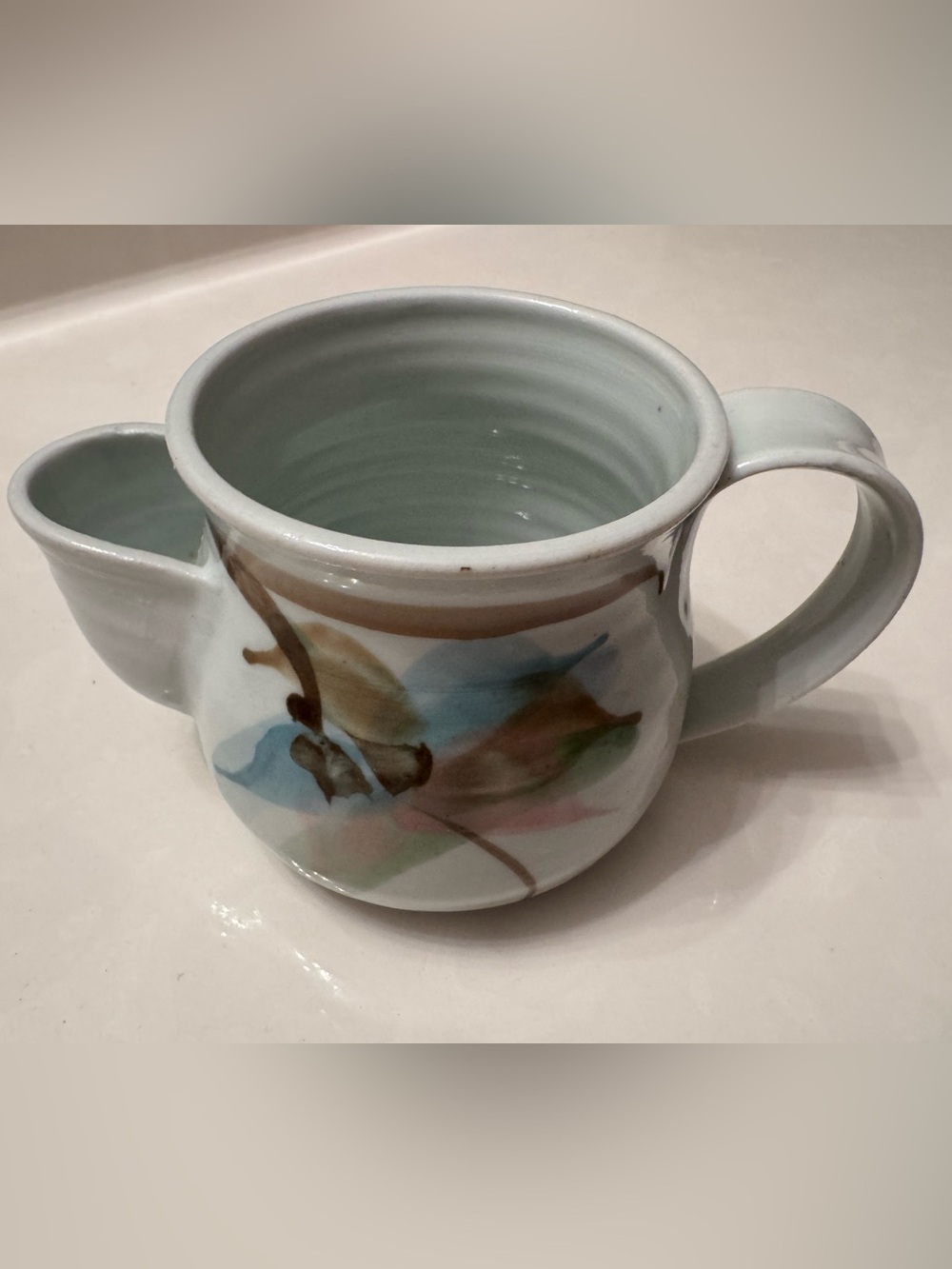 Handmade Studio Pottery Tea Bag Pocket Mug 12 oz Signed Artisan Botanical Cup